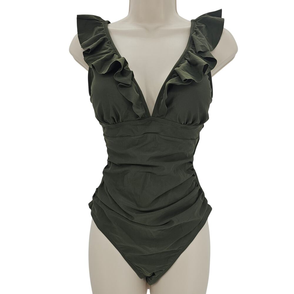 Cupshe Womans size M V-Neck One Piece Ruffle Lace Up Swimsuit Moss Green New